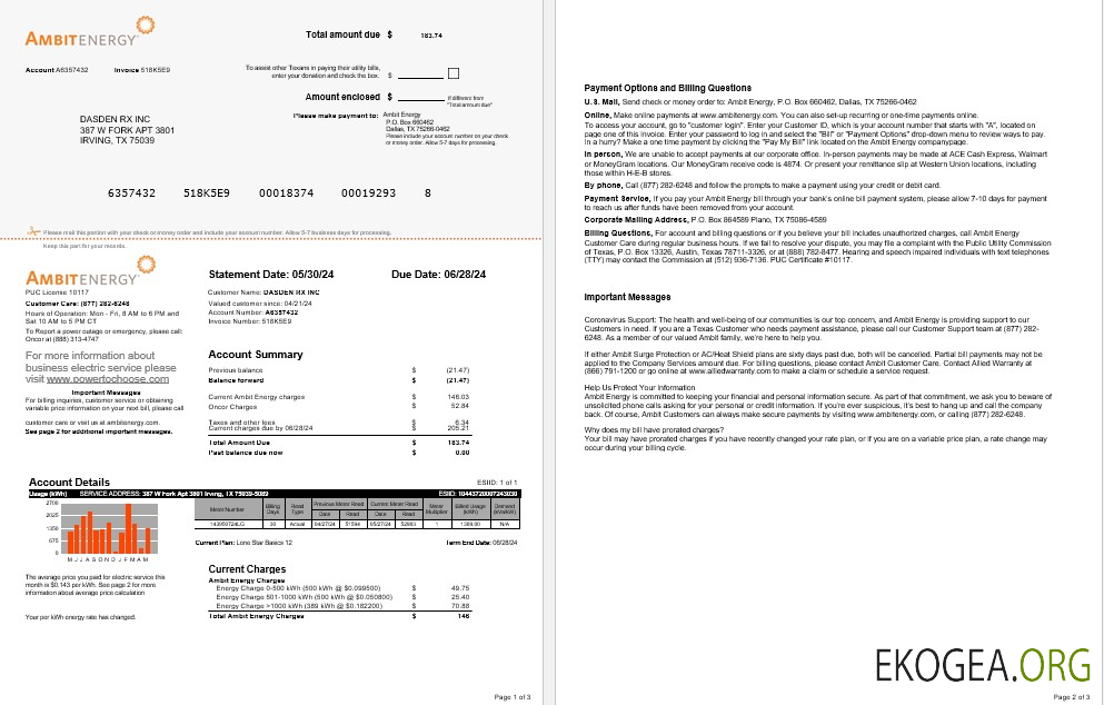 Modèle Word et PDF de facture de services publics d'entreprise Ambit Energy aux États Unis 1 2